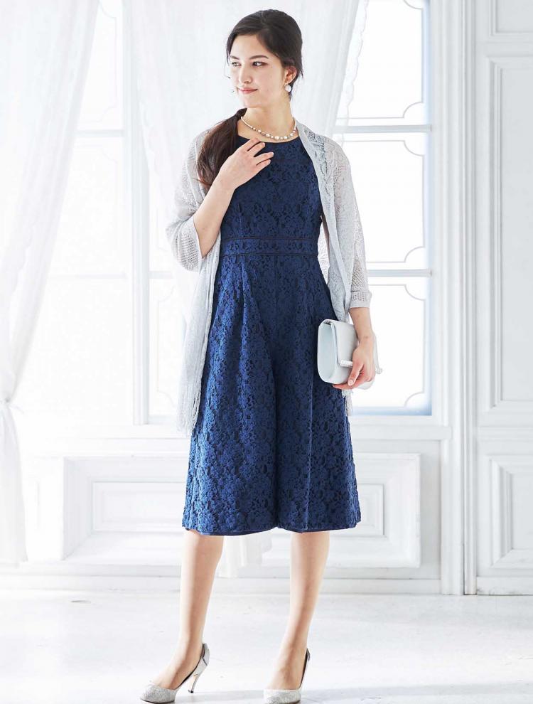 【M】総レースワイドパンツドレス（ネイビー）DPSET0070