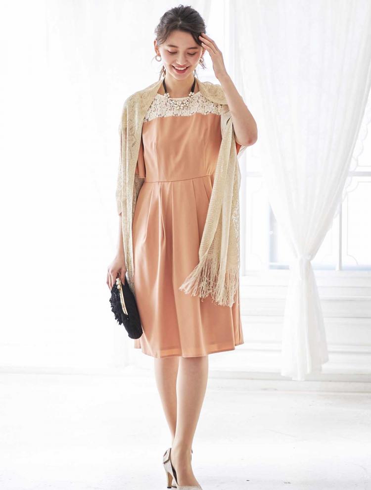 【M】胸元レース切替フレアドレス（ベージュ）DPSET0072
