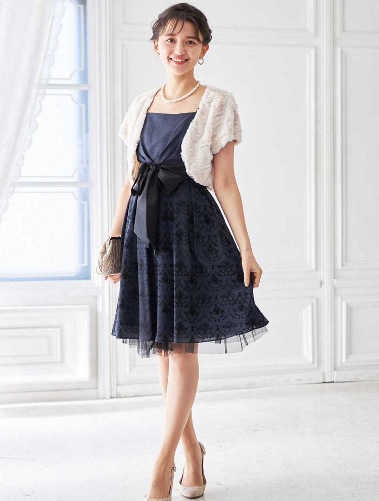 【S～L】フロッキープリントフィット＆フレアドレス（ネイビー）DPSET0079