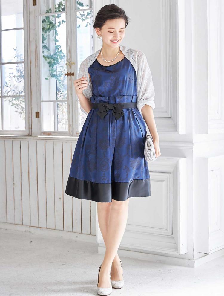 【M】フロッキー柄サテンドレス（ブルー）DPSET0085