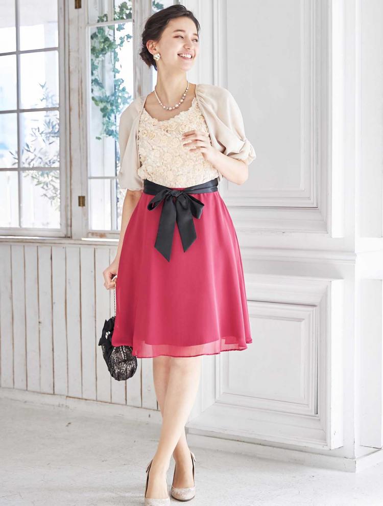 【S～L】バイカラーバラモチーフドレス（レッド）DPSET0087