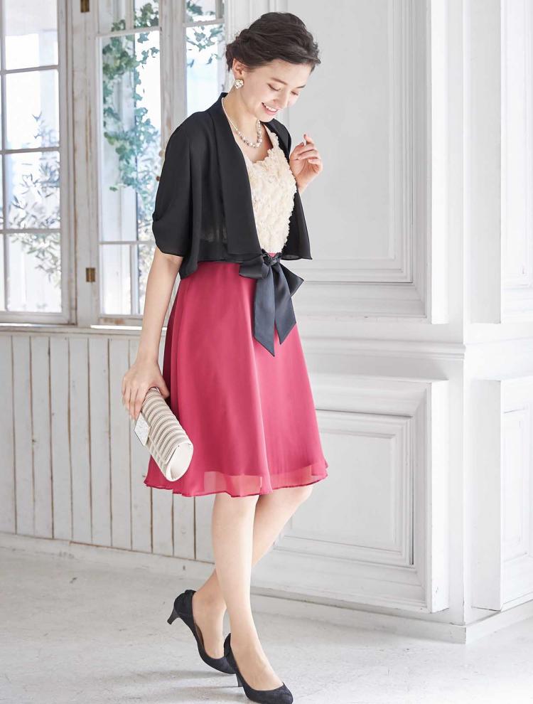 【S～L】バイカラーバラモチーフドレス（レッド）DPSET0088