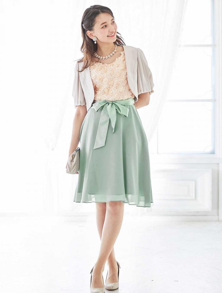 【S～L】バイカラーバラモチーフドレス（グリーン）DPSET0091