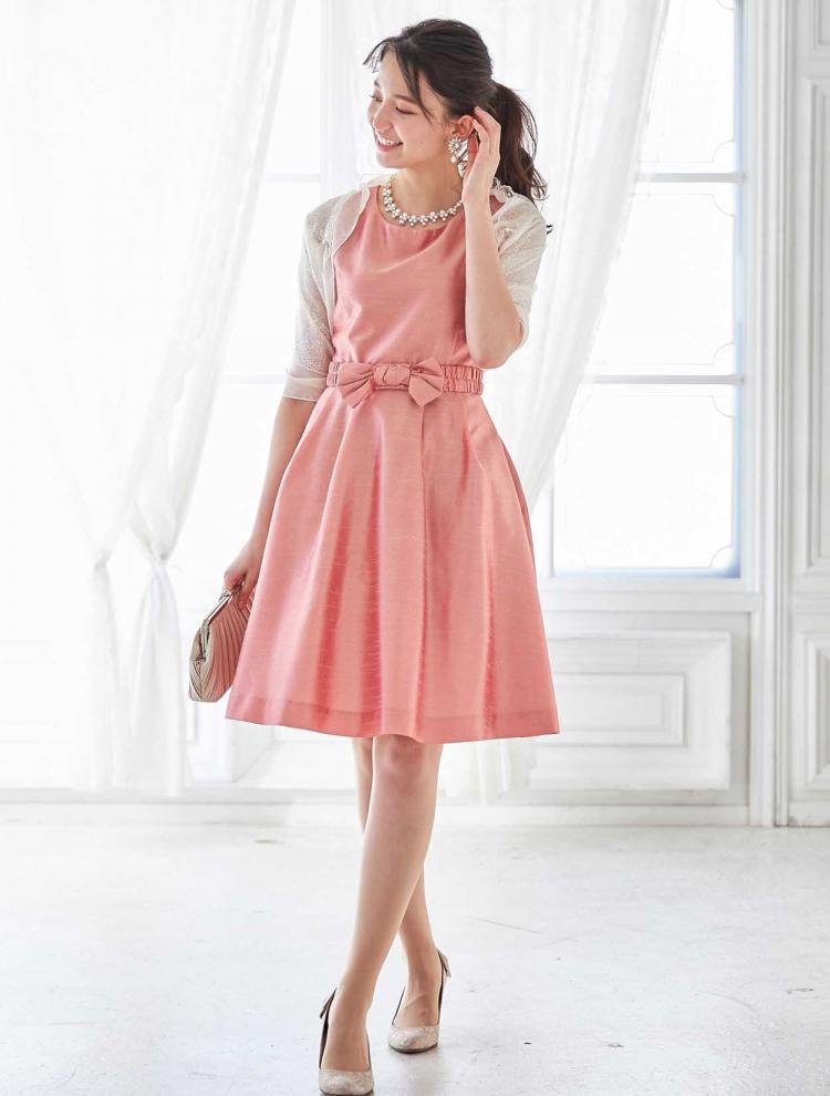 【SS～L】BIGリボンベルト フィット＆フレアレースアップドレス（オレンジ）DPSET0112