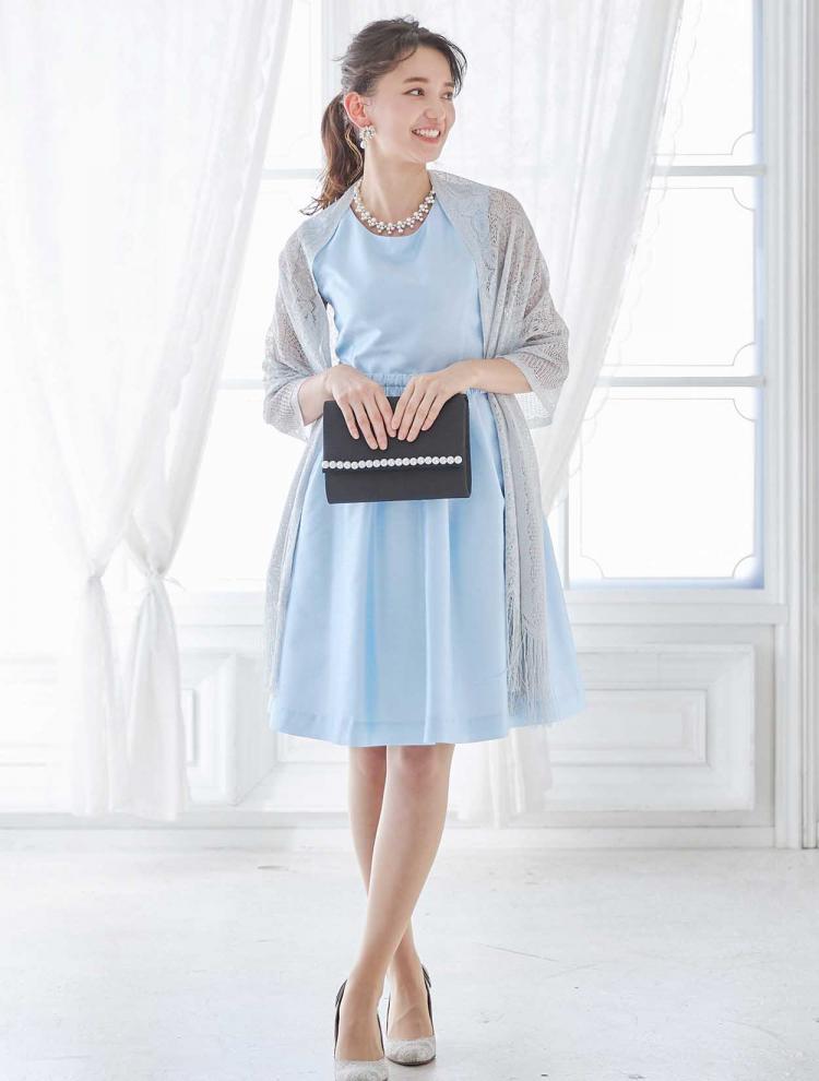 【SS～L】BIGリボンベルト フィット＆フレアレースアップドレス（サックス）DPSET0116