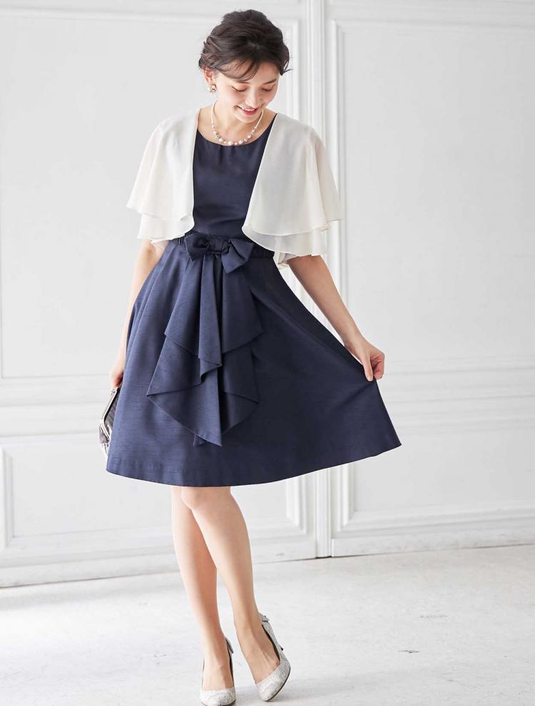 【SS～L】BIGリボンベルト フィット＆フレアレースアップドレス（ネイビー）DPSET0118
