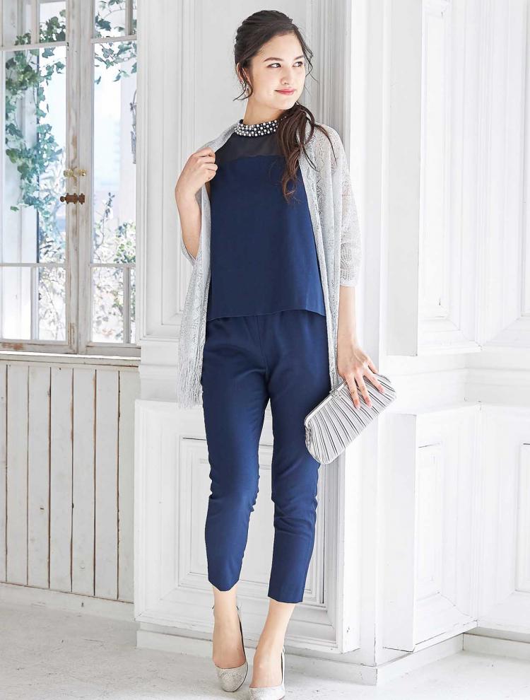 【M】スタンドネックセパレートパンツドレス（ネイビー）DPSET0127