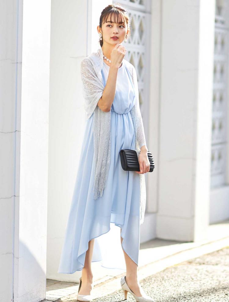 【M】イレギュラーヘムミディ丈ドレス（サックス）DPSET0134