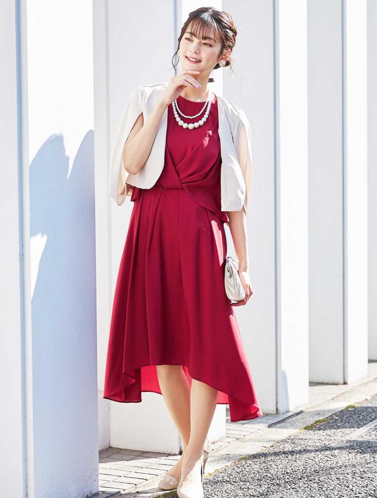 【M】ブラウスTOPS風ミディ丈ドレス（レッド）DPSET0138
