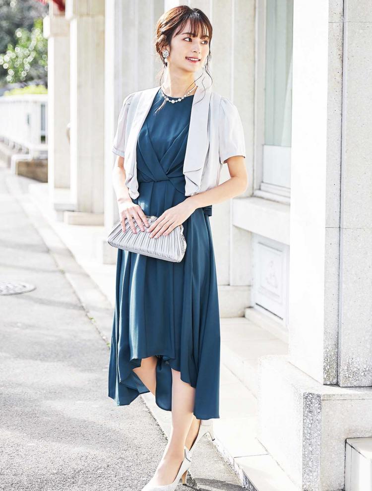 【M/L】ブラウスTOPS風ミディ丈ドレス（ブルー）DPSET0140