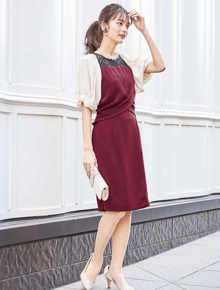 【M】ベア切替配色レース×サテンドレス（レッド）DPSET0144