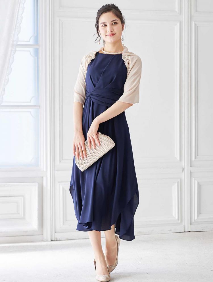 【M/L】丈長めジョーゼットレースアップドレス（ネイビー）DPSET0159