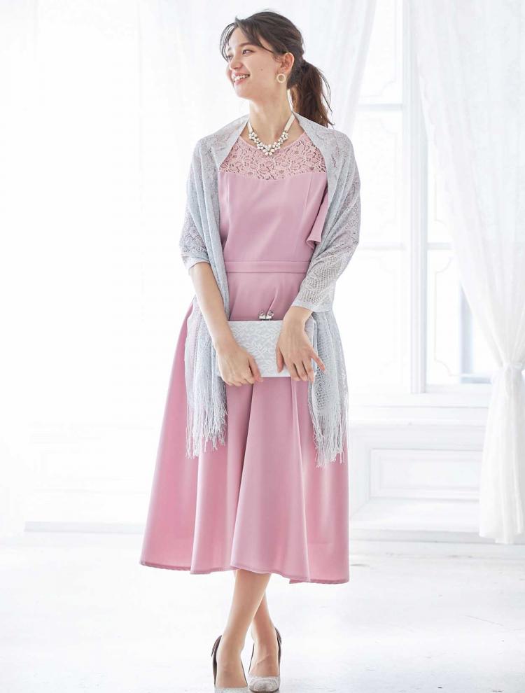 【M】フレアスリーブミモレ丈ドレス（ピンク）DPSET0179