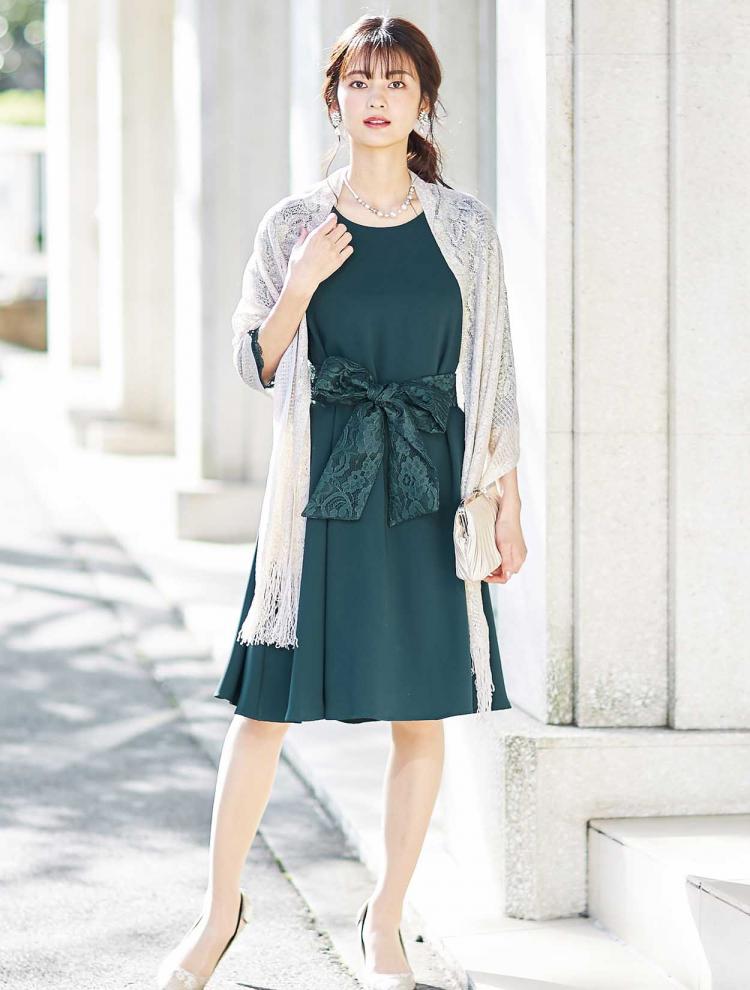 【M】レーススリーブフレアドレス（グリーン）DPSET0196