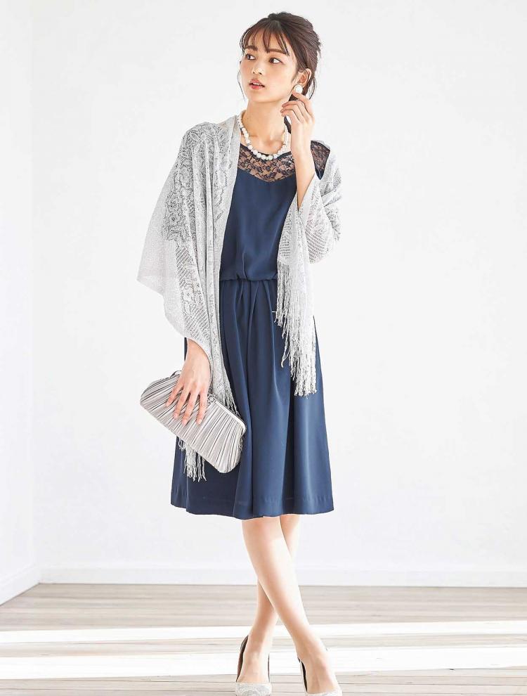 【M】レース切替バルーンスリーブドレス（ネイビー）DPSET0206