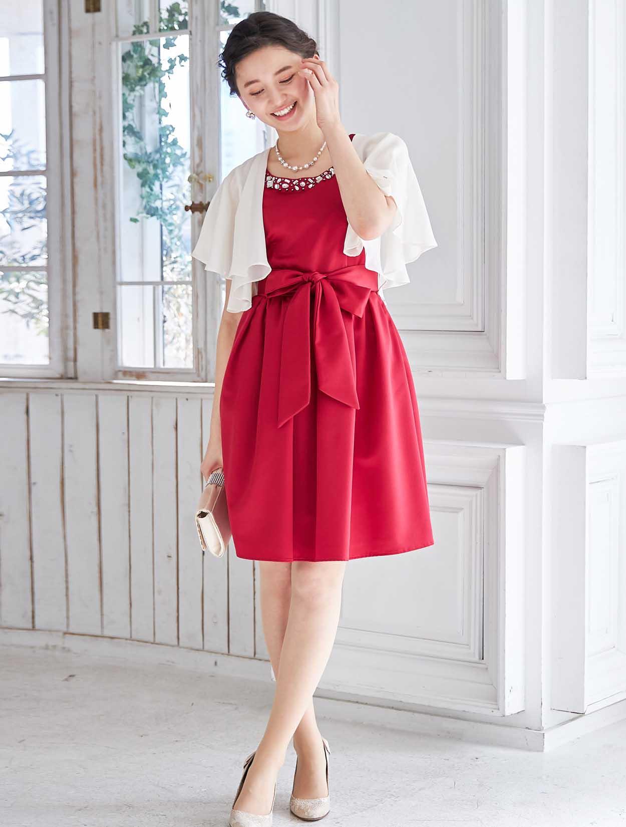 S～L】クリスタルビジュー付きレースアップドレス（レッド）DPSET0213