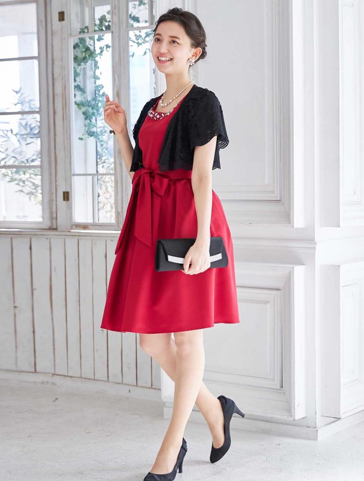 【LL～3L】クリスタルビジュー付きレースアップドレス（レッド）DPSET0214L