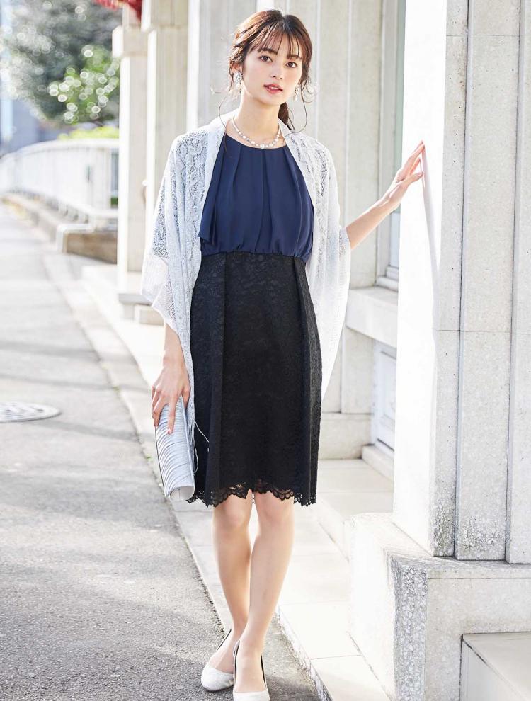 【M】ケープ風シフォン×レース切替ドレス（ネイビー）DPSET0220