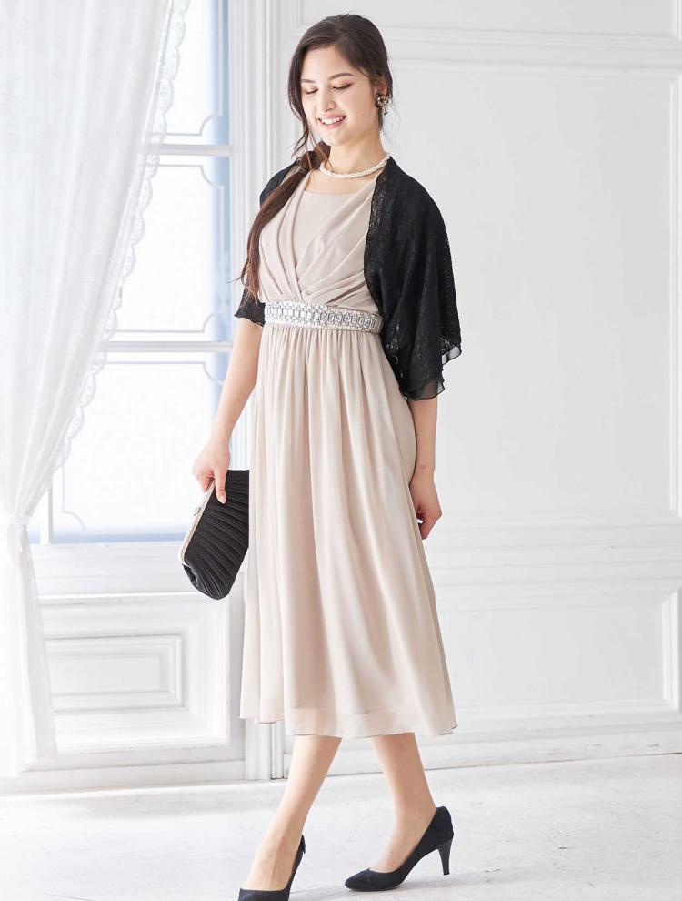 【M】ミディ丈カシュクールドレス（ベージュ）DPSET0230