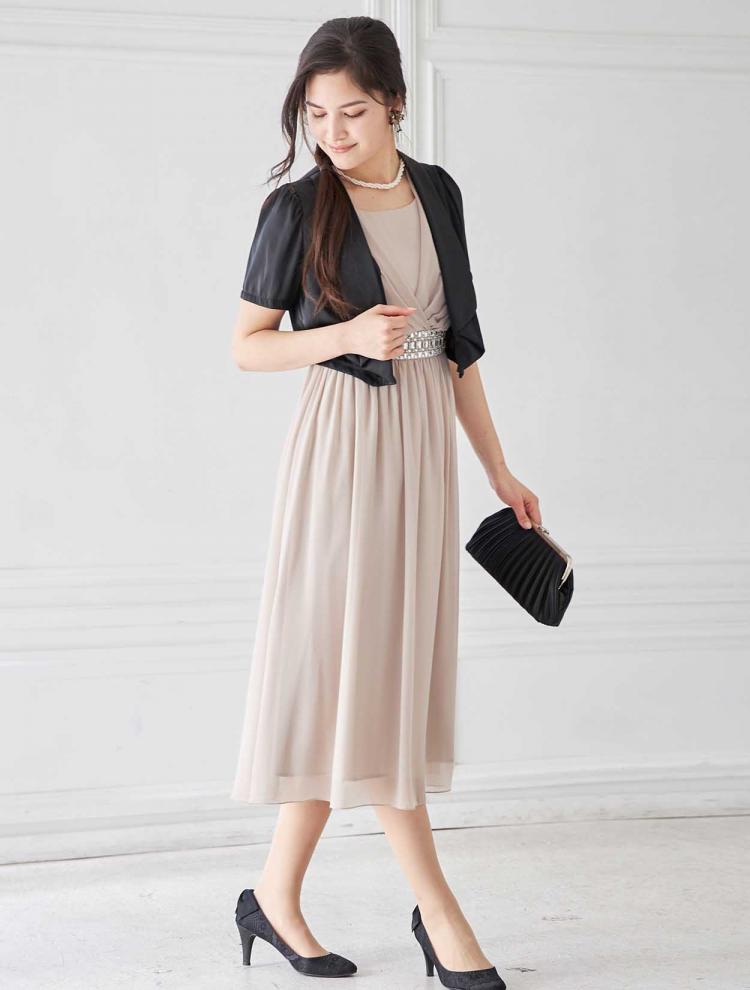 【M】ミディ丈カシュクールドレス（ベージュ）DPSET0231