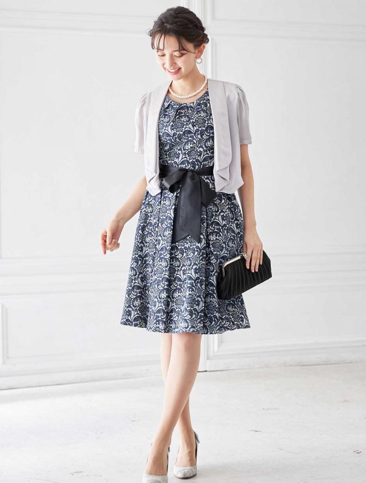 【SS～L】ジャガードレース柄レースアップドレス（ネイビー）DPSET0241