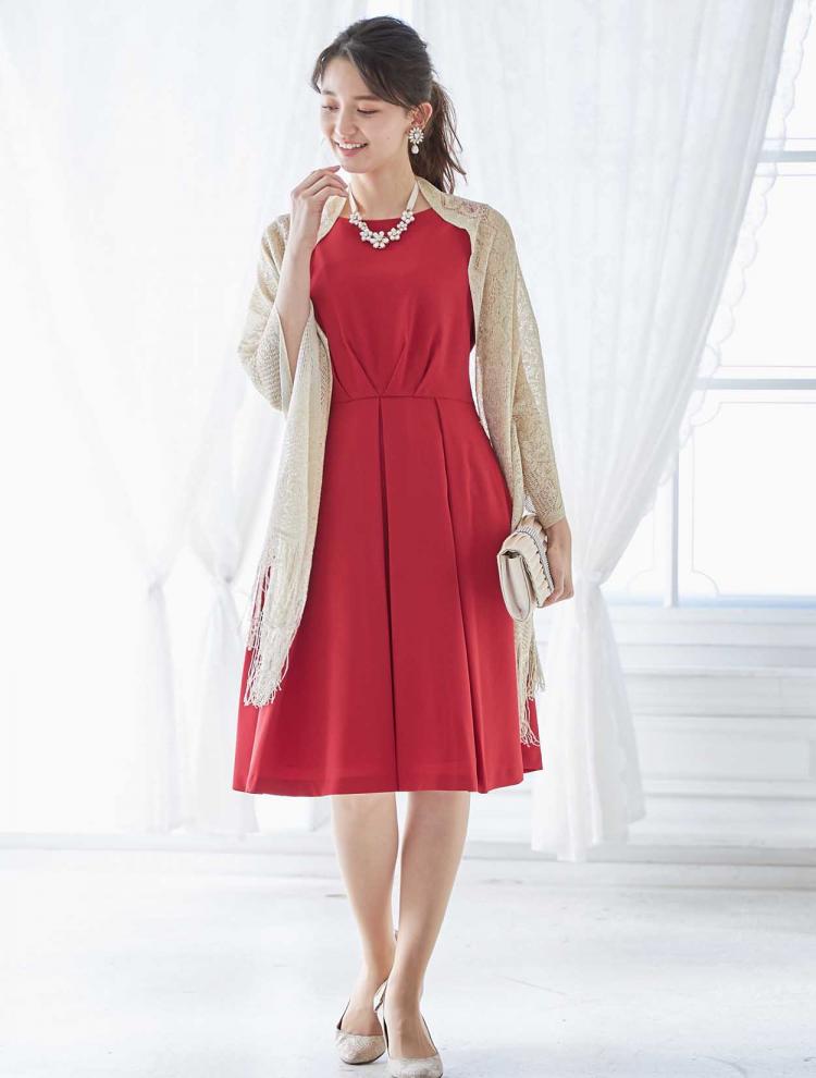 【M/L】バックレース×リボンタックドレス（レッド）DPSET0248