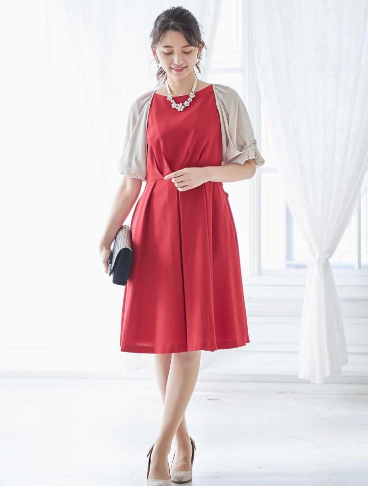 【M/L】バックレース×リボンタックドレス（レッド）DPSET0249