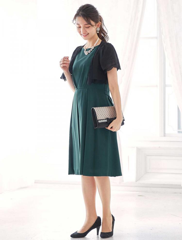 【M/L】バックレース×リボンタックドレス（グリーン）DPSET0251