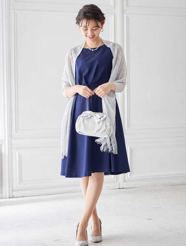 【M/L】バックレース×リボンタックドレス（ネイビー）DPSET0253