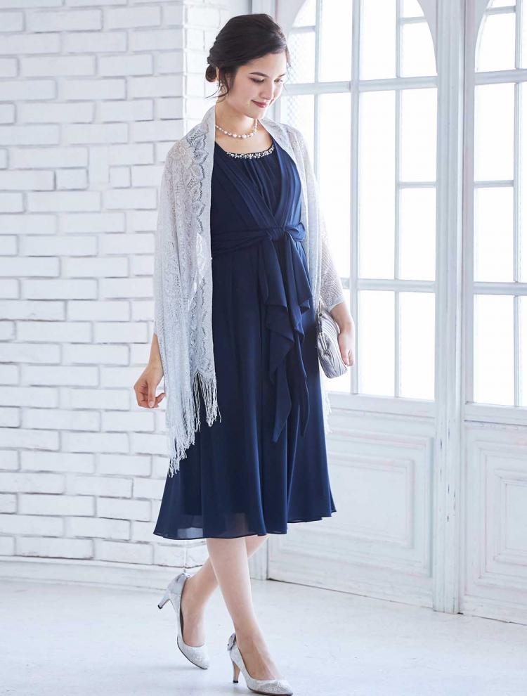【M】ミディ丈衿パールラッフルドレス（ネイビー）DPSET0257