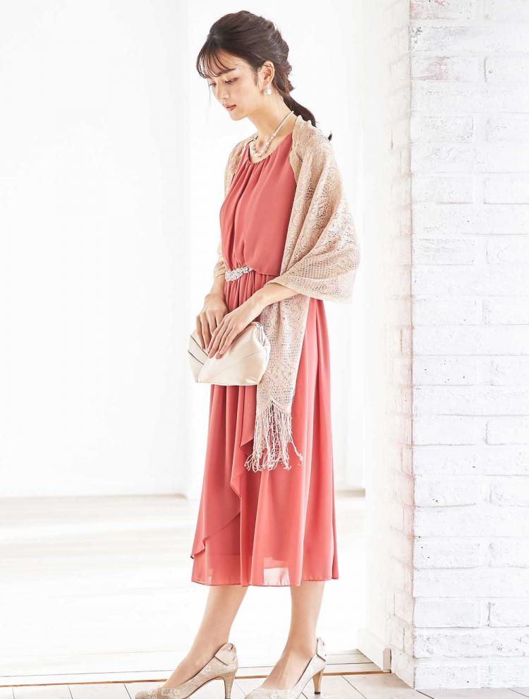 【M/L】ウエストビジューミディ丈ドレス(ピンク)DPSET0258