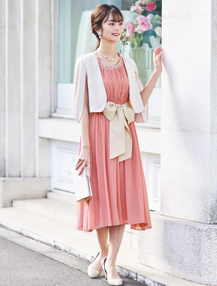 【M/L】襟パールギャザーミディ丈ドレス（ピンク）DPSET0263