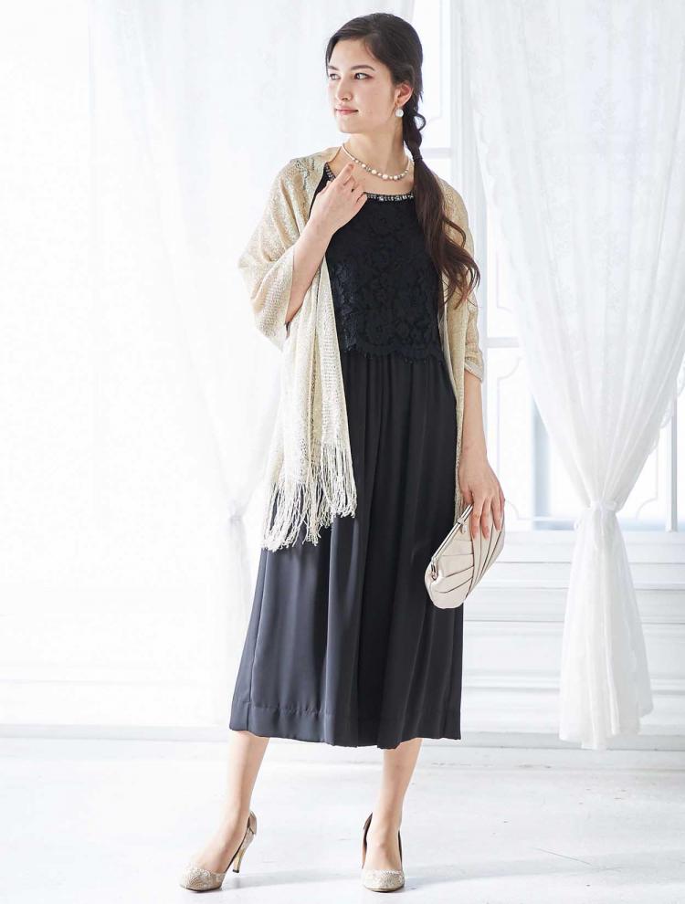 【M】レース×ジョーゼットパンツドレス（ブラック）DPSET0272