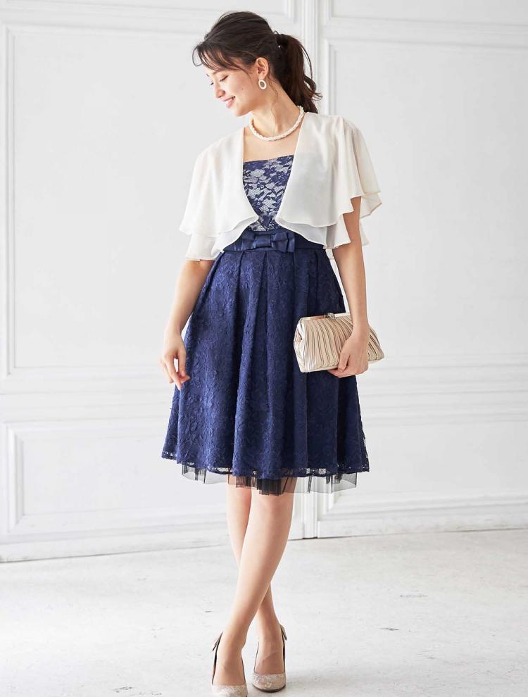 【SS～L】レースアップフラワーレースドレス（ネイビー）DPSET0283
