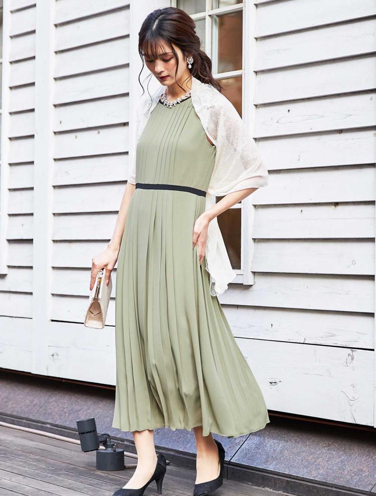 【M】配色パイピングプリーツドレス（グリーン）DPSET0300