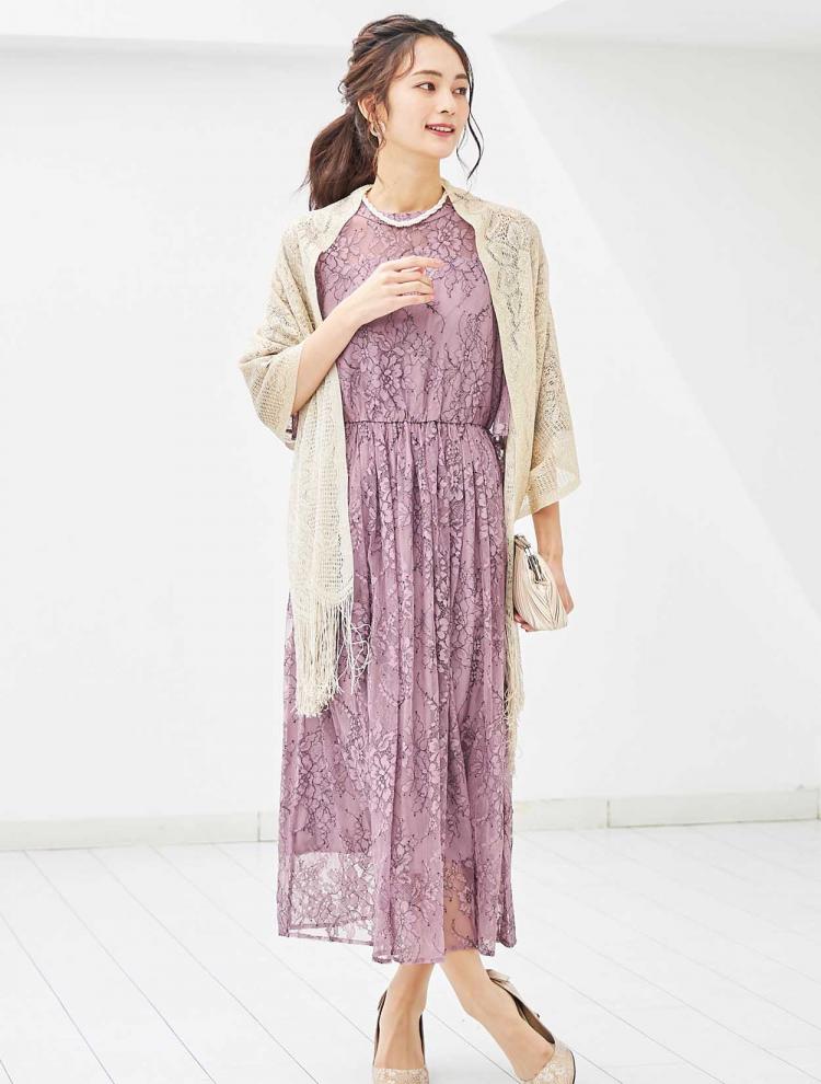 【M】フラワーレースロングドレス（ピンク）DPSET0306