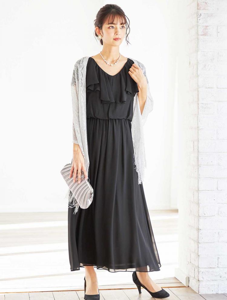 【LL/3L】ラッフルシフォンロングドレス（ブラック）DPSET0312L