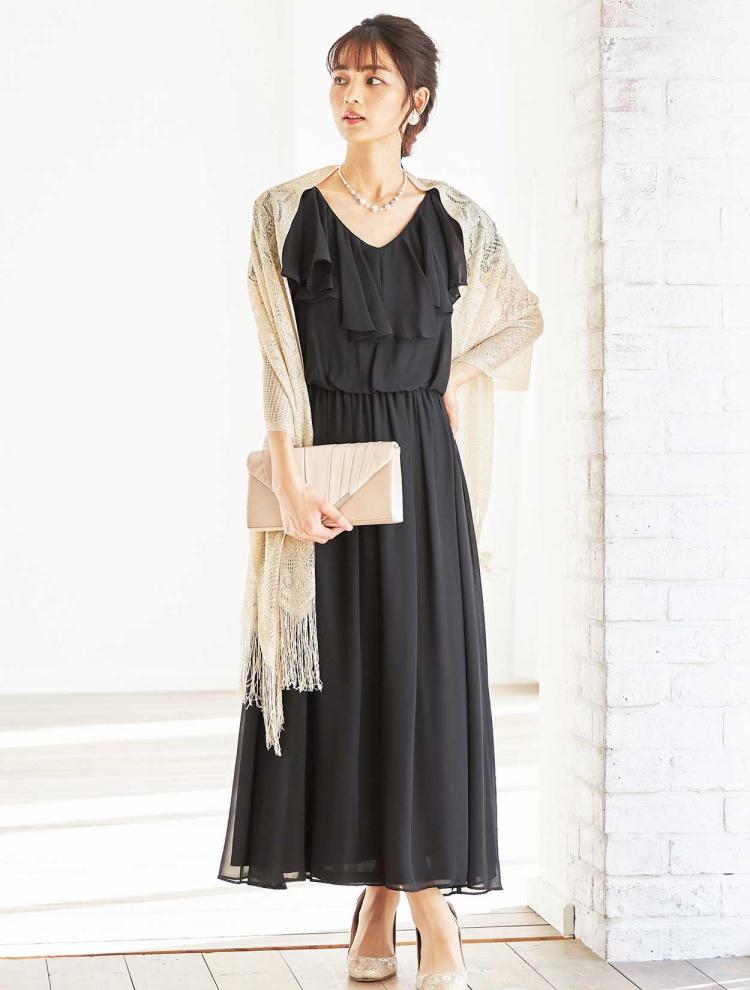 【LL/3L】ラッフルシフォンロングドレス（ブラック）DPSET0313L