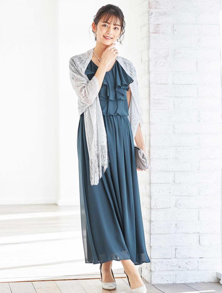 【LL/3L】ラッフルシフォンロングドレス（グリーン）DPSET0315L