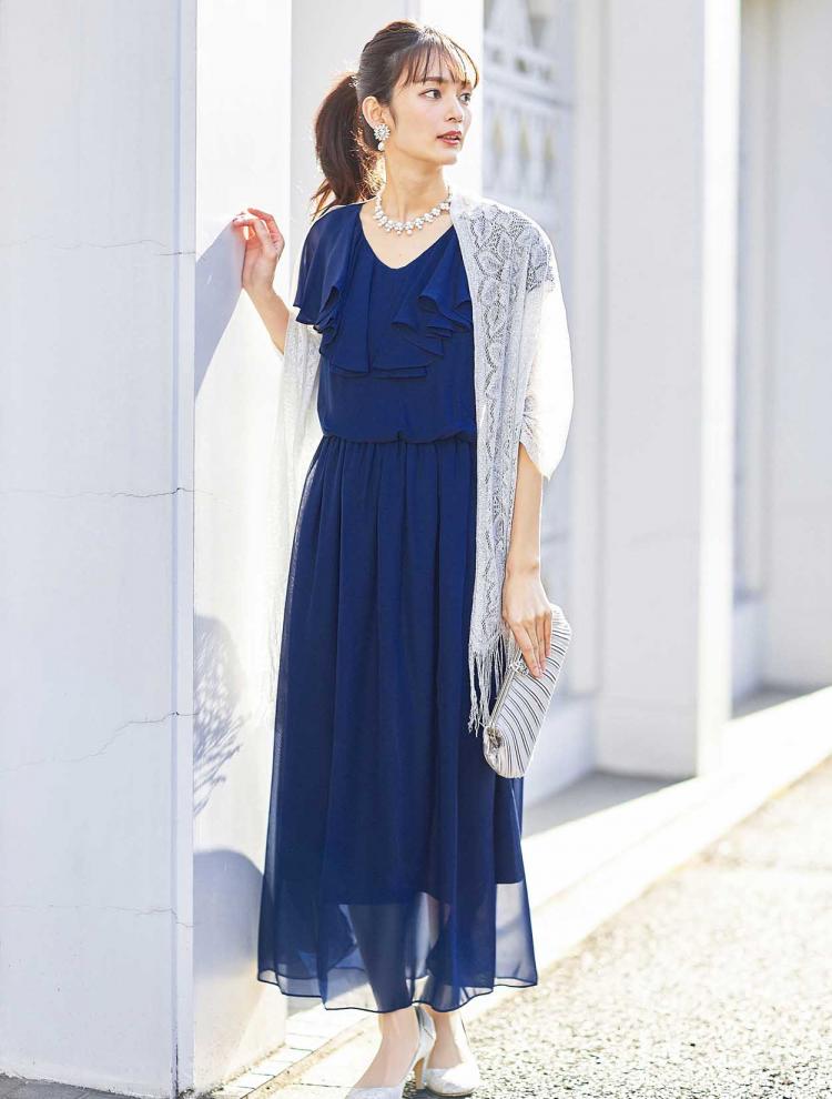 【LL/3L】ラッフルシフォンロングドレス（ブルー）DPSET0318L