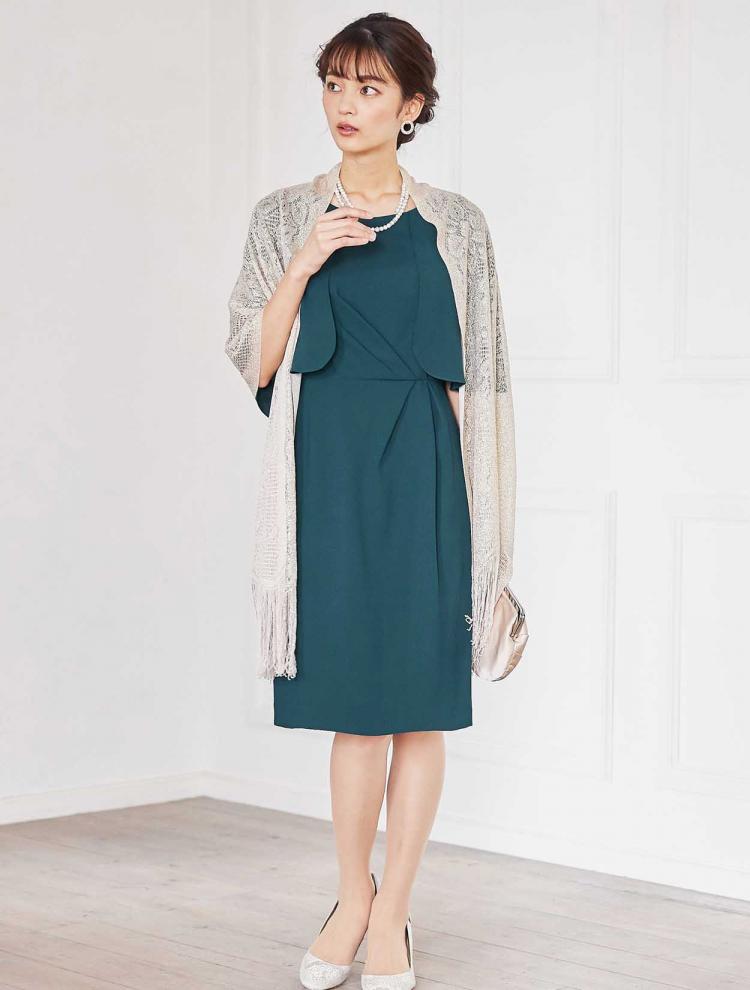 【M】ケープ風タイトドレス（グリーン）DPSET0343