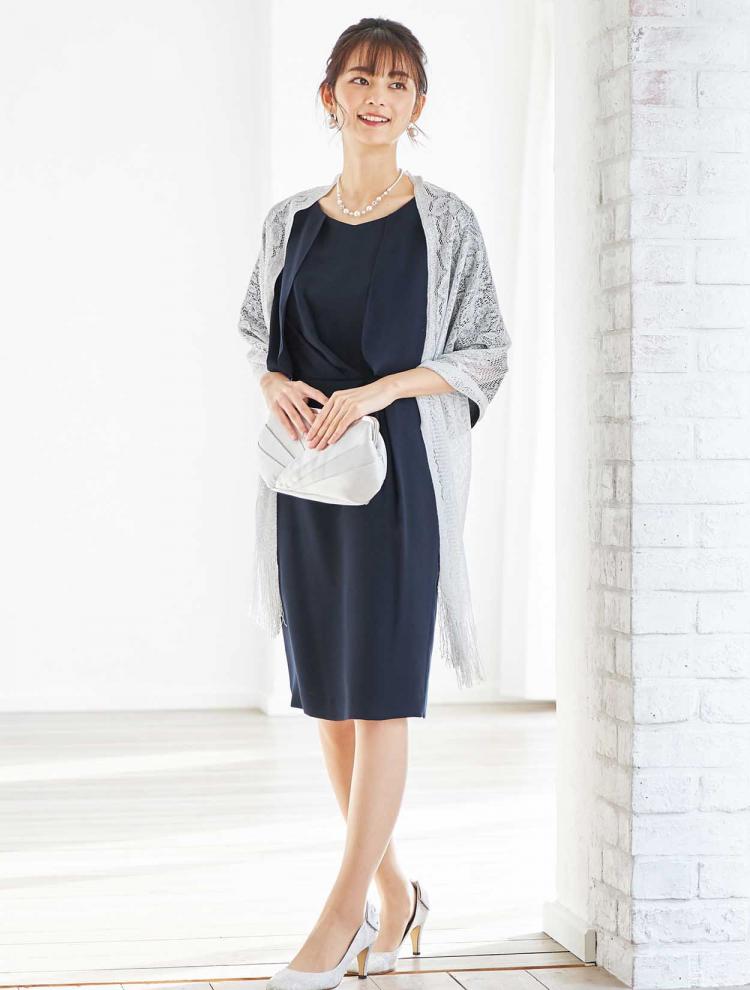 【M】ケープ風タイトドレス（ネイビー）DPSET0347