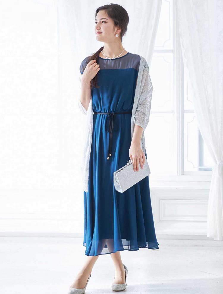 【3L/5L】オーガンジー胸元透かしミディ丈ドレス（ブルー）DPSET0359L