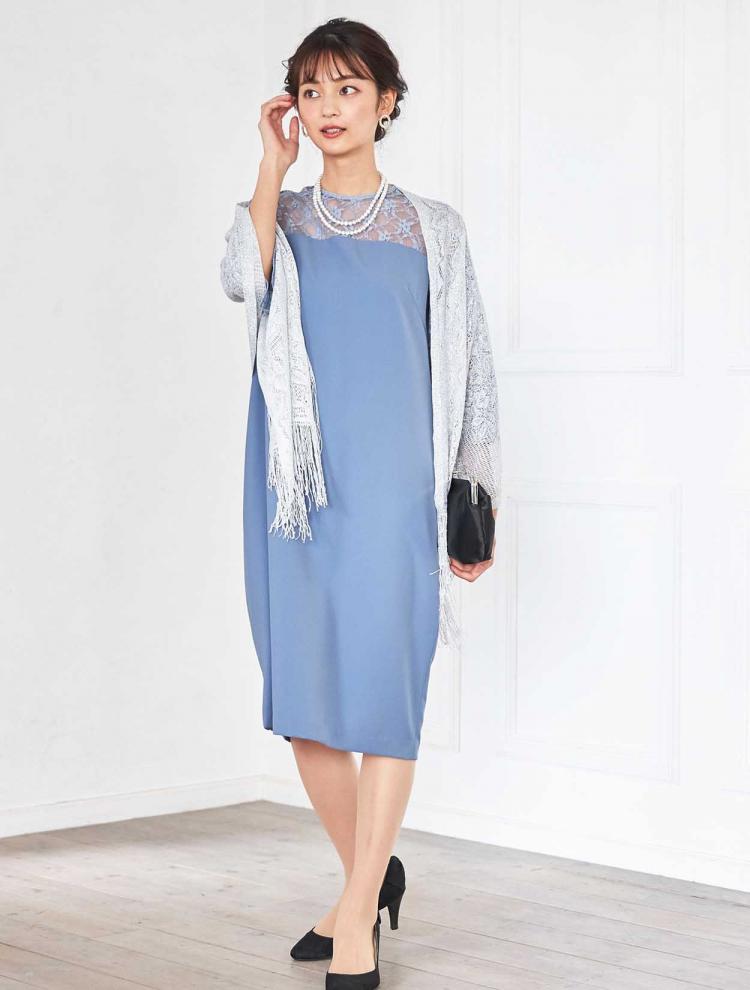 【LL】レース切替フレアスリーブドレス（サックス）DPSET0365L