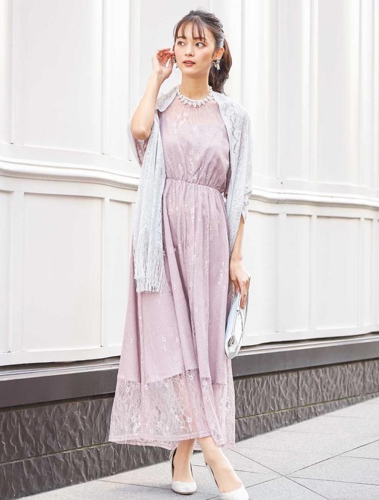 【M】総レース5分袖ロングドレス（ピンク）DPSET0384