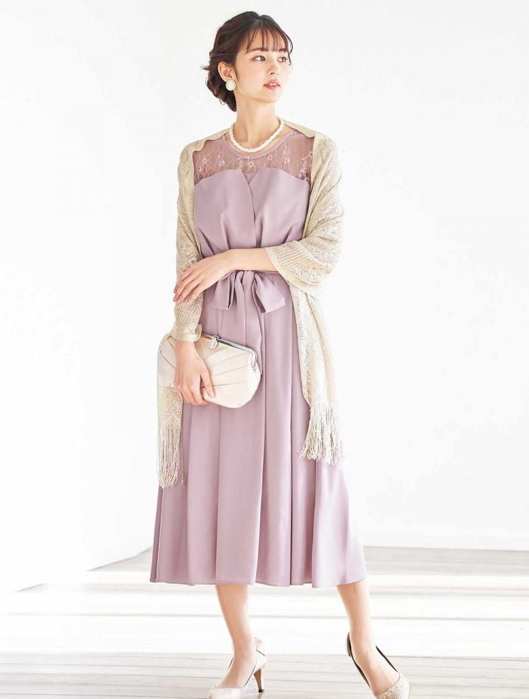 【M】レース切替7分袖ミモレ丈ドレス（ピンク）DPSET0392