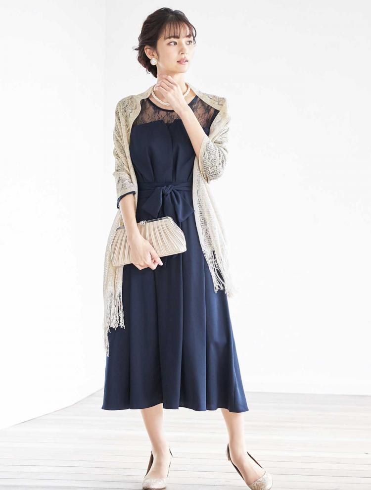 【M】レース切替7分袖ミモレ丈ドレス（ネイビー）DPSET0396