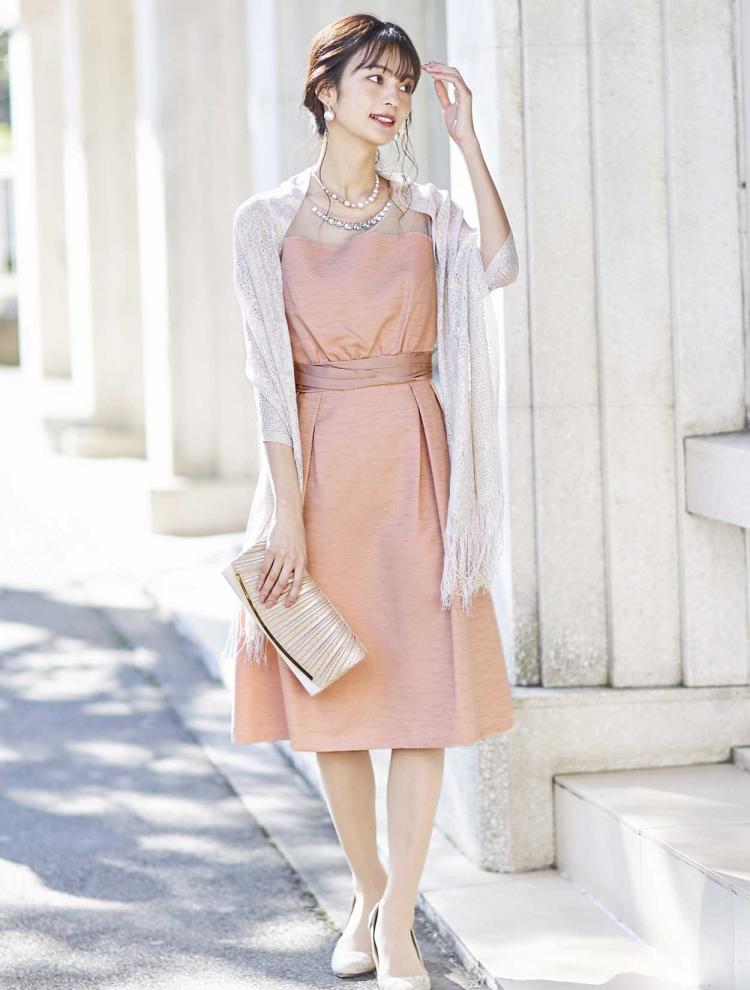 【3L/5L】オーガンジー切替ウエストタックドレス（ピンク）DPSET0403L