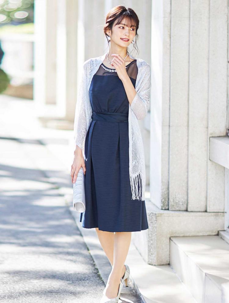 【LL/5L】オーガンジー切替ウエストタックドレス（ネイビー）DPSET0405L