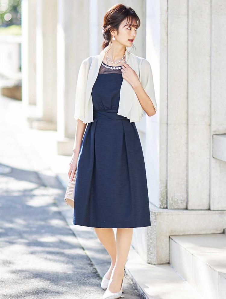 【LL/5L】オーガンジー切替ウエストタックドレス（ネイビー）DPSET0406L